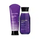 Dois itens de corpo e banho da linha Nativa Spa Orquídea Noire posicionados lado a lado, sendo um frasco e uma bisnaga, ambos na cor roxa com tampa abre e fecha preta.