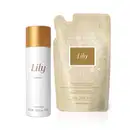 Frasco cilíndrico branco com tampa dourada de item de perfumaria da marca Lily e embalagem refil de creme corporal da mesma marca, em tons de bege e dourado, com ilustração floral.