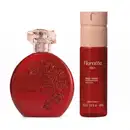 Dois frascos de item de perfumaria da marca Floratta Red, sendo um desodorante colônia com frasco redondo na cor vermelha, com flores em relevo e um tubo cilíndrico de body spray com corpo vermelho e tampa borrifadora rosa.