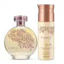 Dois itens de perfumaria lado a lado, sendo um frasco de Floratta Gold em embalagem de frasco de vidro rosa claro e flores em alto relevo e frasco de body spray rosa com tampa rosé.