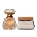 Dois produtos da marca Elysèe: um frasco de eau de parfum em formato de joia e tampa de cristal e base dourada, e um pote de vidro quadrado com creme corporal e tampa dourada.