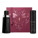 Conjunto de produtos Malbec, composto por um frasco de perfume preto e um frasco de desodorante preto, embalados em uma caixa de presente rosa com ilustrações decorativas.