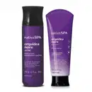 Dois itens de corpo e banho da marca Nativa SPA Orquídea Noire sendo um frasco de body splash roxo com tampa preta e uma bisnaga de hidratante desodorante em degrade de roxo para o branco e tampa preta.