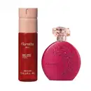 Dois itens de perfumaria da marca Floratta: um frasco de Body Spray na cor vermelho da linha Floratta Red e um frasco de Desodorante Colônia na cor rosa com flores em alto relevo e tampa cristal.