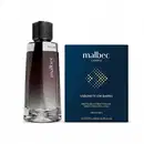 Frasco de perfume Malbec Corpo com embalagem secundária em azul escuro e detalhes em dourado. Produto apresentado em formato de frasco de vidro com tampa preta.