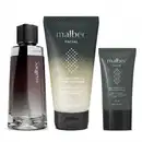Conjunto de produtos de beleza da marca Malbec, incluindo um frasco de perfume, um tubo de gel de limpeza facial e um tubo de protetor solar facial, todos em embalagens predominantemente na cor cinza escura com detalhes em branco.