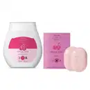 Conjunto de produtos de beleza da linha Cuide-se Bem, incluindo um frasco branco de 200 ml de sabonete líquido íntimo de cereja, uma caixa rosa com sabonetes em barra de cereja e um sabonete em barra rosa claro.