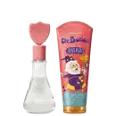 Conjunto Dr. Botica Poção da Diversão com perfume em frasco de vidro com tampa rosa em formato de escudo e sabonete líquido em embalagem coral com ilustração de mago, 150ml.
