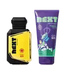 Conjunto de produtos Next Odoticário: frasco de perfume amarelo com tampa preta e sabonete líquido infantil roxo de 450ml, ambos com tema Toy Story da Disney Pixar.