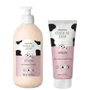 Dois produtos Cuide-se Bem Deleite: frasco com bomba de 400ml em tom bege claro e tubo de 200ml rosa. Ambos apresentam estampa de vaca, rótulos brancos e rosa, indicando loção desodorante hidratante. Certificações veganas e cruelty-free visíveis.