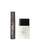 Dois produtos Make B.: Explosion Crow elixir botânico em frasco cilíndrico marrom escuro, e BB Sense Multiprotetor FPS 40 em frasco branco com tampa preta, ambos com rótulos em português.