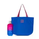 Imagem de dois produtos da linha Egeo, sendo um vidro rosa e azul com tampa prateada contendo o desodorante colônia da linha Dolce Illusion e uma bolsa grande na cor azul com alças rosa.