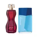 Imagem de dois itens de perfumaria O Boticário, sendo um vidro na cor vinho em formato curvilíneo e borrifador dourado da marca Glamour Diva e um vidro azul-claro com tampa azul-marinho da marca Quasar Rush.