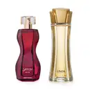 Imagem de dois itens de perfumaria feminina, sendo um vidro na cor vinho com formato curvilíneo e borrifador dourado da marca Glamour Diva e outro vidro transparente com líquido bege e tampa dourada em formato de flor da marca Linda.