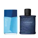 Imagem de dois itens de perfumaria masculina, sendo um vidro azul-claro com tampa azul-marinho da marca Quasar Rush e outro vidro azul-marinho com tampa preta texturizada da marca Uomini Infinite.