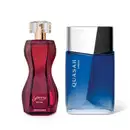 Imagem de dois itens de perfumaria O Boticário, sendo um vidro na cor vinho em formato curvilíneo da marca Glamour Diva e outro na cor azul-claro com tampa prateada da marca Quasar Vision.