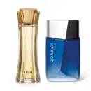 Imagem de dois itens de perfumaria O Boticário, sendo um frasco de vidro transparente com líquido bege e tampa dourada em forma de flor da marca Linda e um vidro azul-claro com tampa prateada da marca Quasar Vision. 
