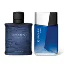 Imagem de dois itens de perfumaria masculina O Boticário, sendo um vidro azul-escuro com tampa preta texturizada da marca Uomini Infinity e outro azul-claro com tampa prateada da marca Quasar Vision.