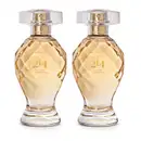 Imagem de dois frascos do Eau de Parfum Botica 214 Golden Gardênia em vidro transparente em formato curvilíneo lapidado, com líquido bege, borrifador dourado e tampa transparente. Cada recipiente conta com 75ml da fragrância. 