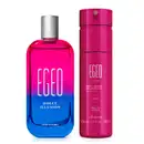 Imagem do Combo Egeo Dolce que traz o desodorante colônia Illusion em sua moderna embalagem rosa e azul com tampa prateada e letras brancas e o body spray em um frasco todo rosa com letras douradas. 