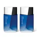 Imagem de dois frascos do desodorante colônia Quasar Vision em embalagem de vidro azul e tampa prateada contendo 100ml da fragrância. O design do recipiente sugere se tratar de um produto moderno para pessoas dinâmicas.