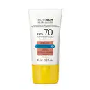 Frasco branco com tampa amarela, letras pretas e detalhes nas cores azul e laranja contendo 40ml de protetor solar facial antioxidante FPS 70 Ultra Fluído da marca Boti.Sun.