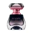 Frasco elegante e luxuoso feito de vidro transparente em preto e transparente com borrifador e letras douradas, tampa transparente em formato de cristal lapidado, contendo 50ml de Eau de Parfum Elysée Nuit.