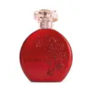 Frasco de item de perfumaria da marca Floratta Red em formato arredondado na cor vermelha, com relevo de flores, nome da marca em relevo e tampa acrílica transparente com borrifador dourado.