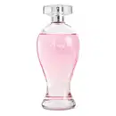Vidro transparente em formato curvilíneo com líquido rosa, pulverizador prateado e tampa transparente contendo 200ml de desodorante colônia Boticollection Anni.