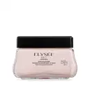 Pote de vidro transparente com conteúdo branco, tampa e letras pretas, contendo 250g de creme acetinado hidratante corporal da marca Elysée Nuit.