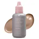 Frasco branco com fundo escuro e letras bege contendo 24g de base líquida e corretivo Reboco HD na cor 25 da marca Intense. Atrás da embalagem, uma pequena porção do produto, na cor bege escuro, mostrando a real tonalidade do produto.