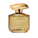 Imagem de um elegante frasco do desodorante colônia Coffee Woman Floriental Ambarado, com cantos arredondado e tampa dourada em formato ondulado, em tons predominantes de dourado e marrom. O rótulo está em letras brancas.