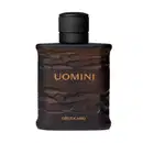 Frasco retangular marrom com texturas onduladas, tampa preta e letras bege, contendo 100ml de desodorante colônia da marca Uomini.