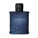 Frasco retangular azul marinho com texturas onduladas, tampa preta e letras com degradê em tons de azul, contendo 100ml de desodorante colônia da marca Uomini Infinite.