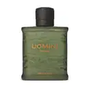Frasco retangular em tom de verde oliva com tampa texturizada preta e letras laranjas contendo 100ml de desodorante colônia Uomini Spirit.