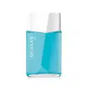 Vidro retangular com líquido azul claro, tampa branca em formato geométrico e rótulo com letras brancas contendo 100ml de desodorante colônia Quasar Ice.