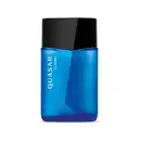 Vidro azul com tampa preta, ambos em formato geométrico e letras brancas no rótulo contendo 100ml de desodorante colônia Quasar Classic.