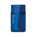Frasco de vidro em formato geométrico com letras amarelas contendo 100ml de desodorante colônia Quasar Blue.