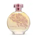 Vidro transparente redondo com florais em relevo e líquido dourado, borrifador também dourado e tampa transparente contendo 75ml de desodorante colônia Floratta Gold.
