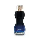 Vidro curvilíneo com degradê de preto e azul, borrifador dourado e tampa transparente contendo 75ml de desodorante colônia Glamour Midnight. Embalagem elegante e sofisticada.