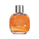 Frasco de vidro transparente com líquido laranja, tampa prateada e letras pretas e em relevo contendo 100ml de desodorante colônia Celebre Agora Feminino.