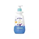 Imagem de frasco branco com bomba doseadora azul e rótulo azul com personagem da marca ilustrado, contendo 400ml de shampoo infantil para cabelos lisos da marca Dr. Botica.