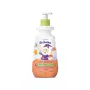 Imagem de um frasco branco com tampa dosadora amarela e rótulo em laranja com ilustração do personagem da marca Dr. Botica, contendo 400ml de condicionador infantil para cabelos cacheados.