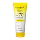 Bisnaga amarela e branca com tampa amarela e letras pretas contendo 200g de protetor solar corporal FPS 70 da marca Boti.Sun.