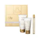 Quatro itens da marca Lily em tons de branco, bege e dourado, sendo uma caixa de presente com ilustrações e fitas, frasco de creme hidratante corporal, bisnaga de creme hidratante para as mãos e tubo de 10ml de Eau de Parfum.