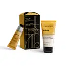Caixa de presente retangular nas cores preta e amarelo com logo Nativa SPA e dois produtos de cuidados com a pele da marca Nativa SPA Quinoa, sendo uma bisnaga de loção desodorante corporal e uma bisnaga de creme para as mãos, ambas com com a tampa preta.