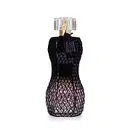 Vidro curvilíneo com renda preta em volta, pulverizador dourado e tampa transparente contendo 75ml de desodorante colônia Glamour Secrets Black Intense.