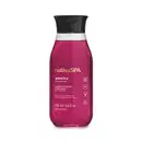 Sabonete líquido perfumado Nativa SPA ameixa, com óleo de quinoa. Frasco plástico transparente de 250 ml com tampa preta. Líquido de cor rosa intenso. . Símbolos indicando que é vegano, não testado em animais e possui certificação orgânica.