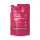 Embalagem flexível em formato sachê de plástico na cor rosa vibrante com detalhes em branco. Rótulo com o nome do produto "ameixa Óleo de Quinoa".