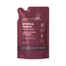 Refil de sabonete líquido perfumado Nativa Spa Ameixa Negra em sachê de 200ml na cor vermelho escuro com detalhe marrom e letras brancas.